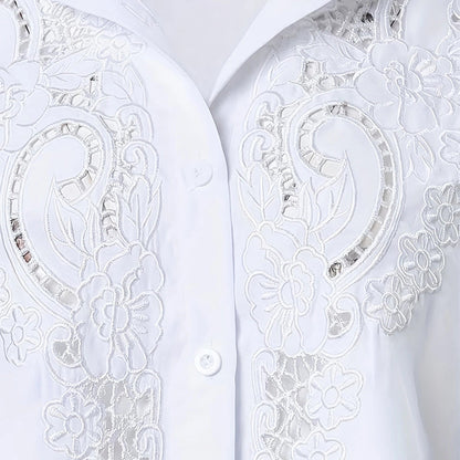 Women’s Contrast Lace Long-Sleeve Button‑Down Blouse FitiqueFit