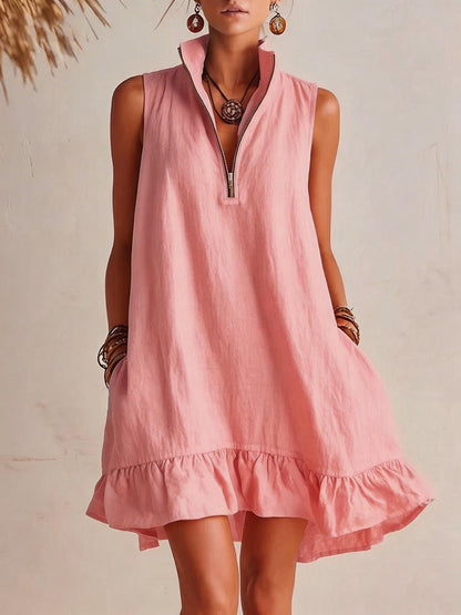 Women's Casual Loose Half-Zip Sleeveless Dress with Ruffle Hem FitiqueFit