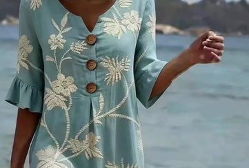 Women's Resort V-Neck Coconut Print Loose Three-Quarter Sleeve Dress FitiqueFit