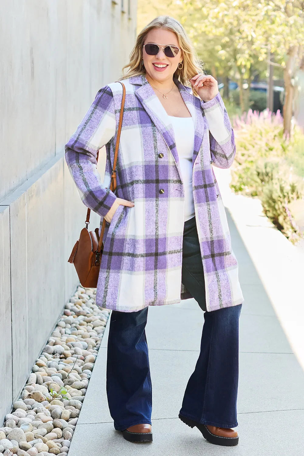 Double Take Full Size Plaid Button Up Lapel Collar Coat West2East Surf