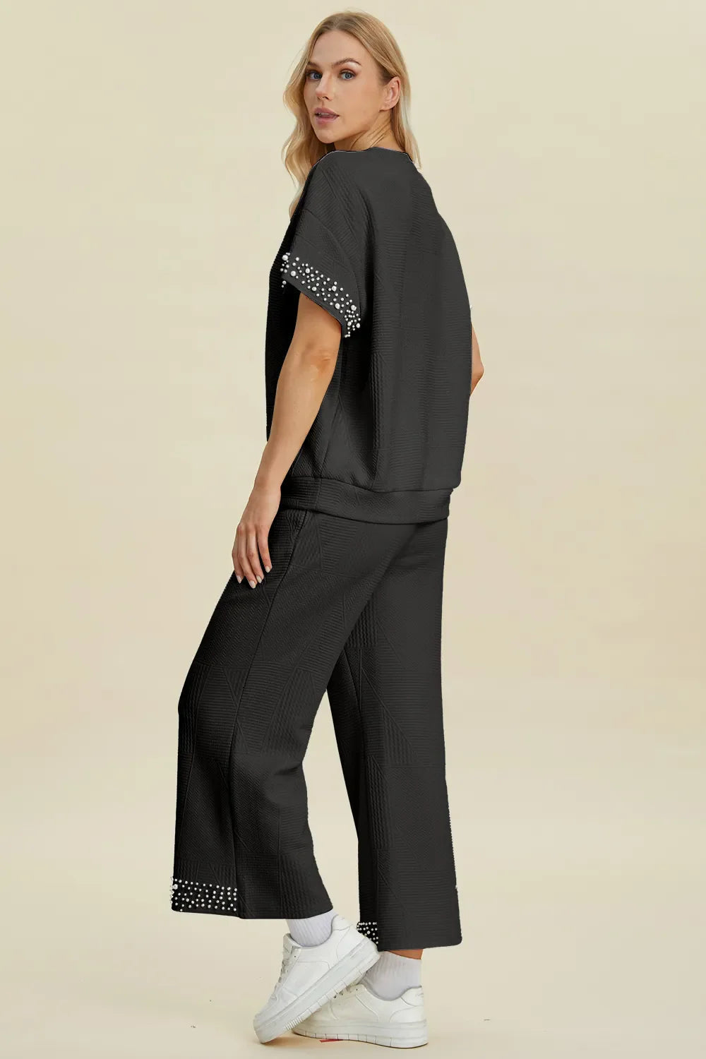 Double Take Full Size Pearl Detail Round Neck Top and Pants Set West2East Surf