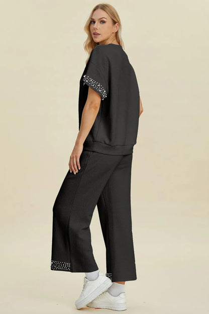Double Take Full Size Pearl Detail Round Neck Top and Pants Set West2East Surf