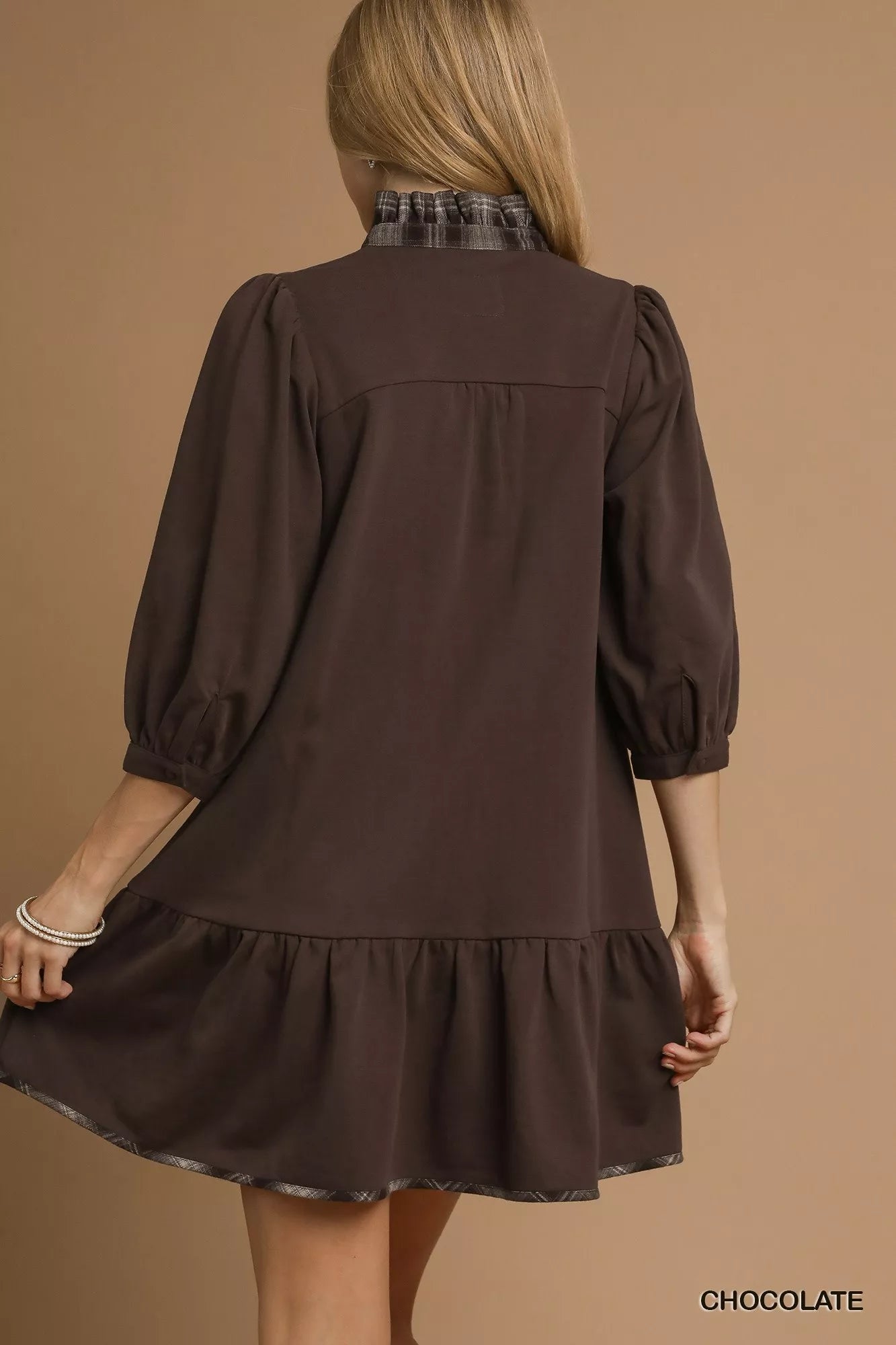 Umgee French Terry Ruffle Hem Dress with Plaid Trim West2East Surf
