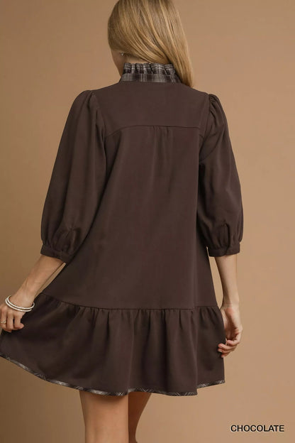 Umgee French Terry Ruffle Hem Dress with Plaid Trim West2East Surf