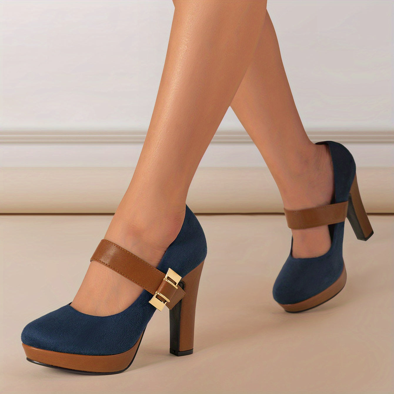 [Retro Heeled Pumps] Women's Retro Style Round Toe High Heeled Pumps, Buckle Platform Block Heel Shoes, Women's Footwear NovaCart