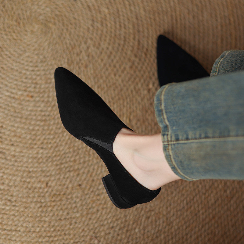 Women's Suede Pointed Toe Chunky Heel Pumps – Deep Vamp Low Heel FitiqueFit