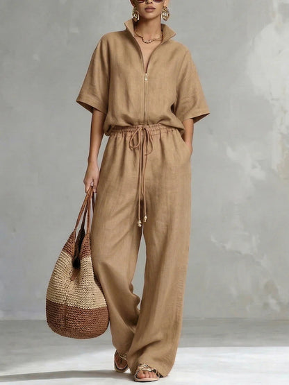 Women's Zip-Up Crew-Neck Top & Wide-Leg Pants Set FitiqueFit