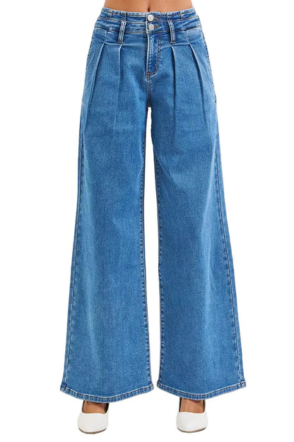 RISEN Full Size Mid Rise Fit Wide Leg with Pleated Detail Jeans Plus Size Garden Naked Curves