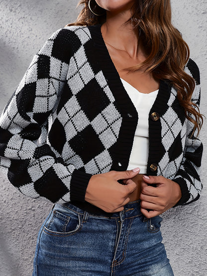 Women'S Elegant Tartan Knit Cardigan, V-Neck Short Length Sweater with Button Detail, Acrylic 100% Long Sleeve Knitwear for Fall/Winter NovaCart