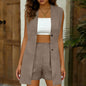 Women's V-Neck Sleeveless Vest Jacket & Shorts Set – Elegant Commuter Style FitiqueFit