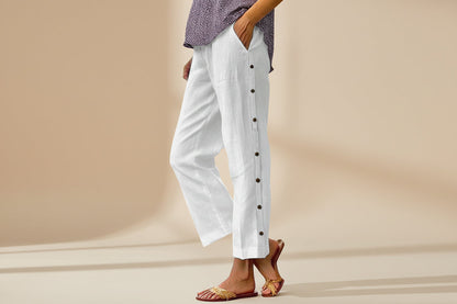 Cropped Pants With Decorative Buttons Along the Side Seams FitiqueFit