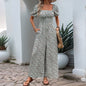 Square Collar Puff Sleeve Vacation Style Floral Jumpsuit Grayceful LLC