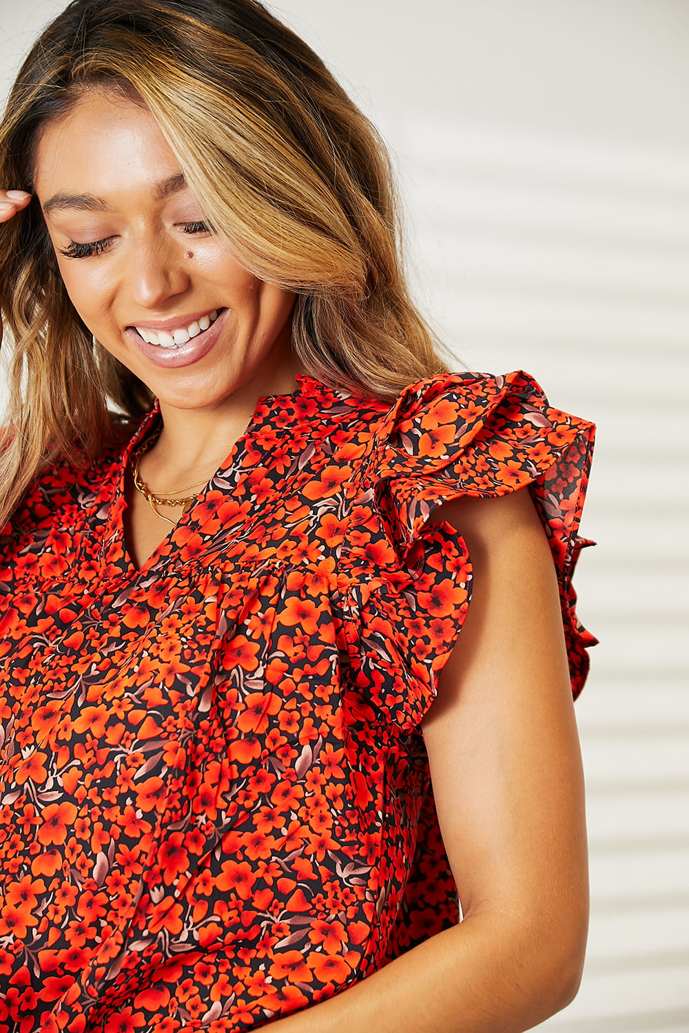 Double Take Floral Flutter Sleeve Notched Neck Blouse New Era Fashion LLc