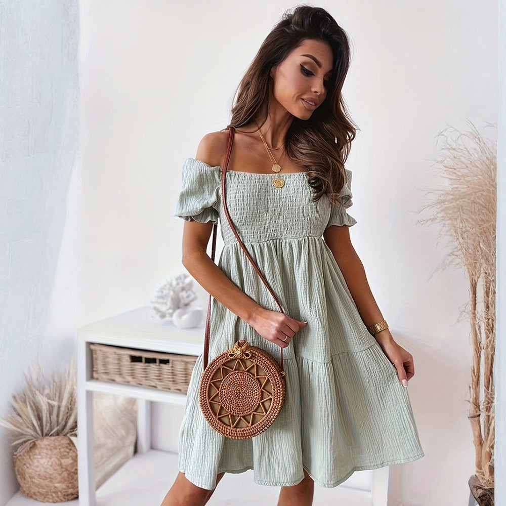Casual One Word Collar Wrinkle Puff Sleeve Mid Dresses FitiqueFit