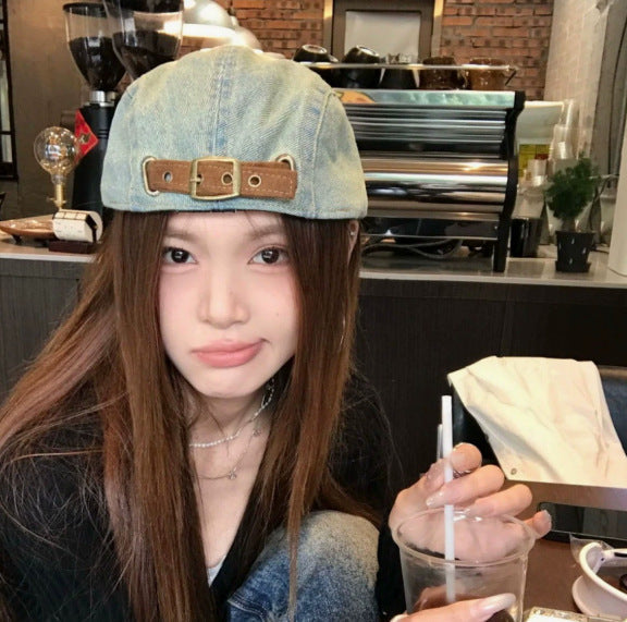 Double-Brim Turned-Up Denim Beret – Breathable Cotton Hat for Women FitiqueFit
