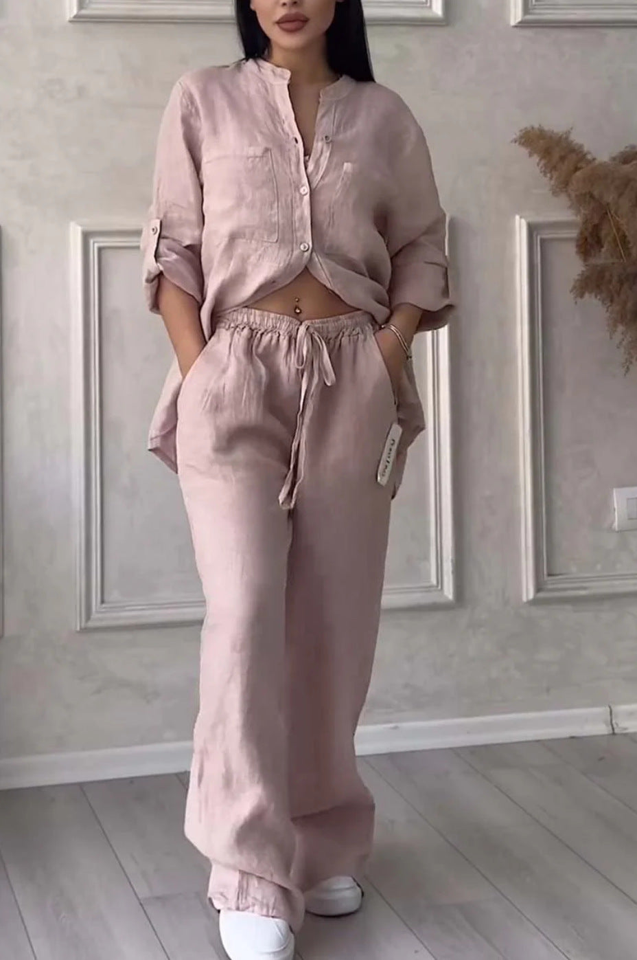 Wide-Leg Pants & Lace-Up Top Two-Piece Set – Solid Color, 12 Colors S–5XL FitiqueFit