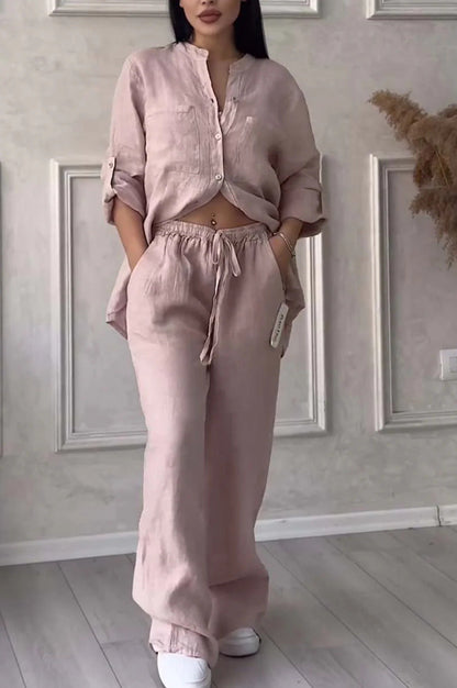 Wide-Leg Pants & Lace-Up Top Two-Piece Set – Solid Color, 12 Colors S–5XL FitiqueFit