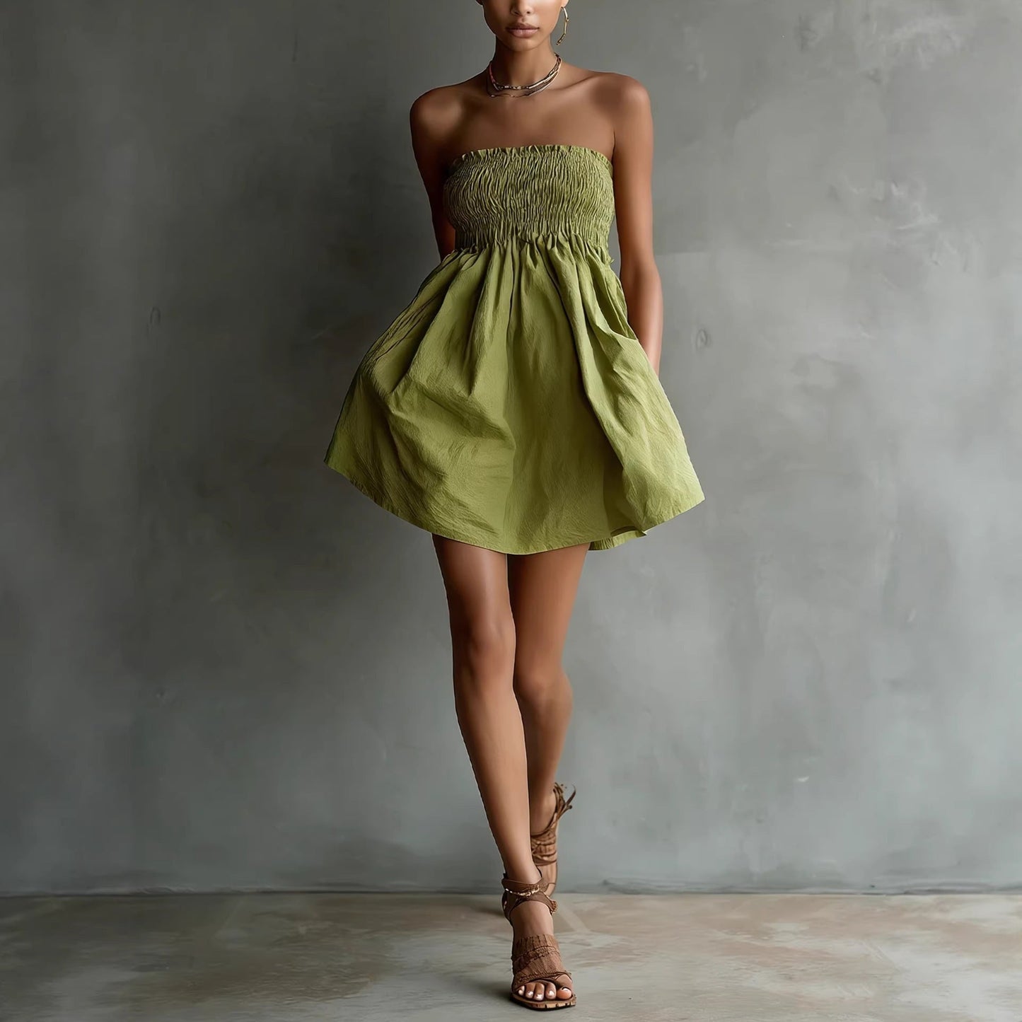 Women's Strapless Tube Mini Dress – Solid Color Elastic Waist FitiqueFit
