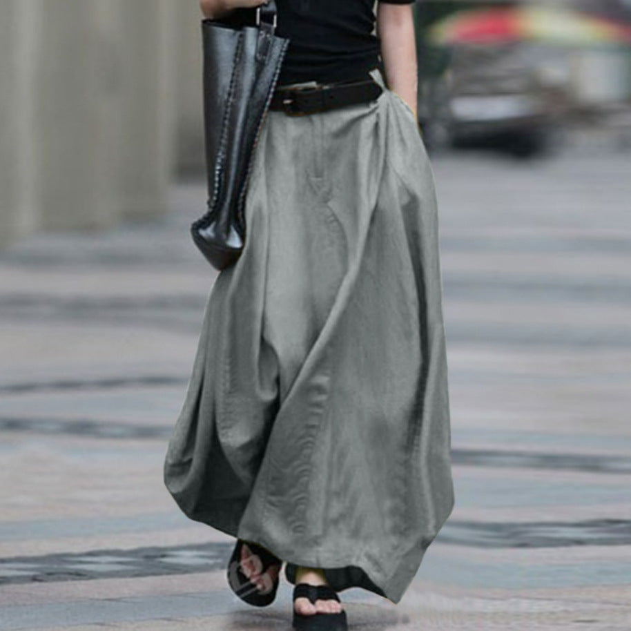 Women's High-Waist Flared Maxi Skirt – Solid Color Cotton Linen with Pockets FitiqueFit