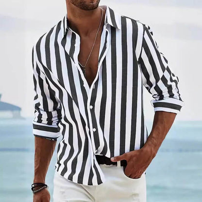 Striped Print Shirt Casual Loose Long-sleeved Shirt Men's Clothing SnagBag