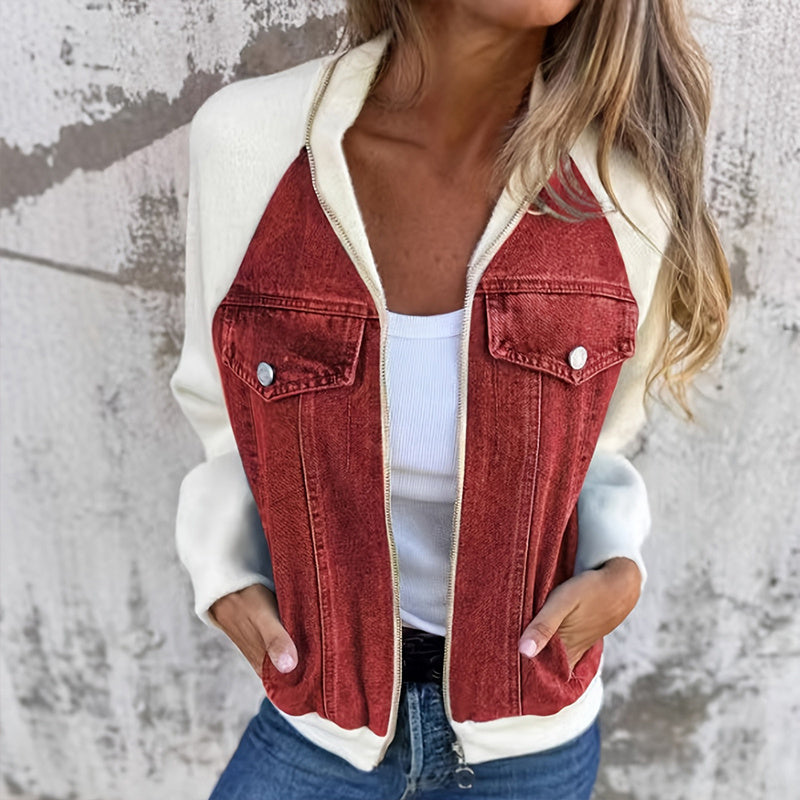 Women's Denim Patchwork Zip-Up Jacket FitiqueFit