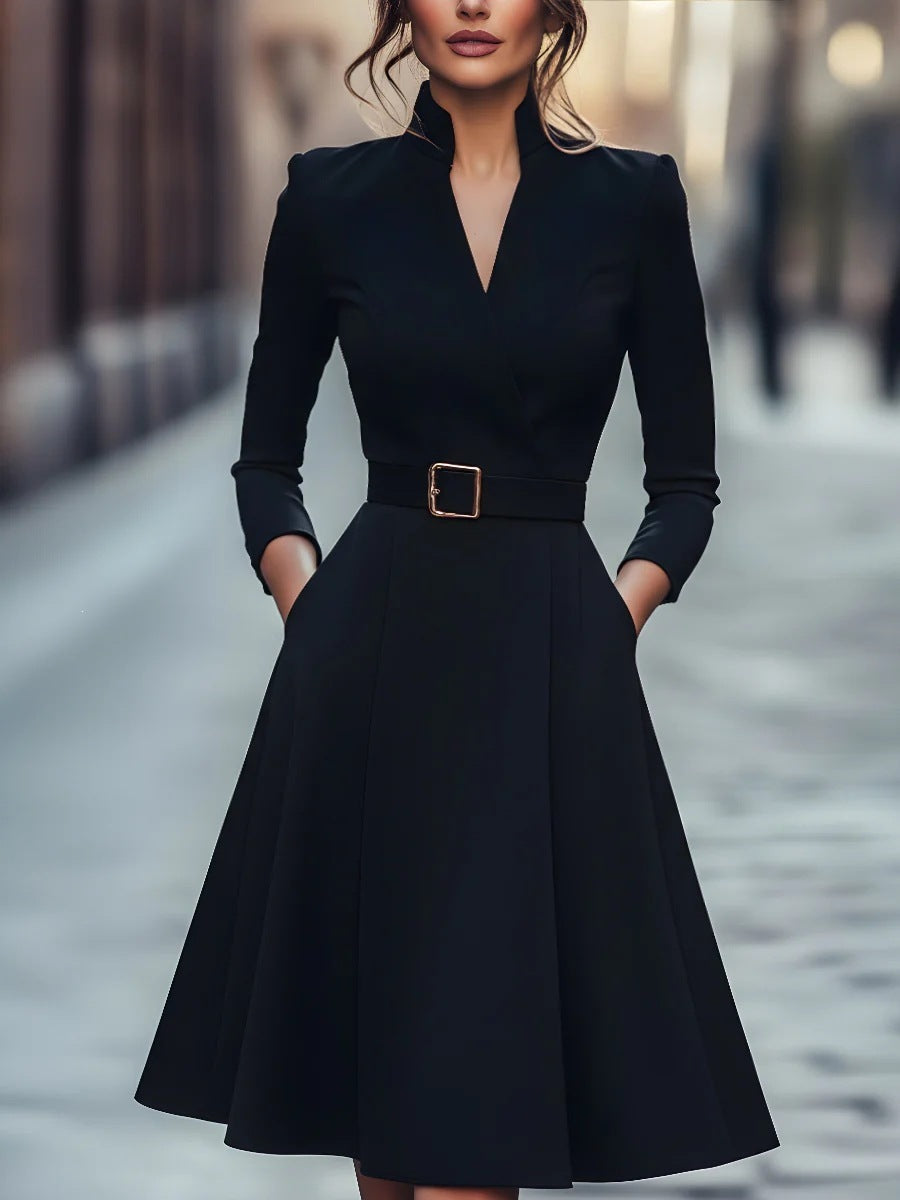 V-Neck Long Sleeve Swing Dress – Women's Autumn Winter Midi Dress FitiqueFit