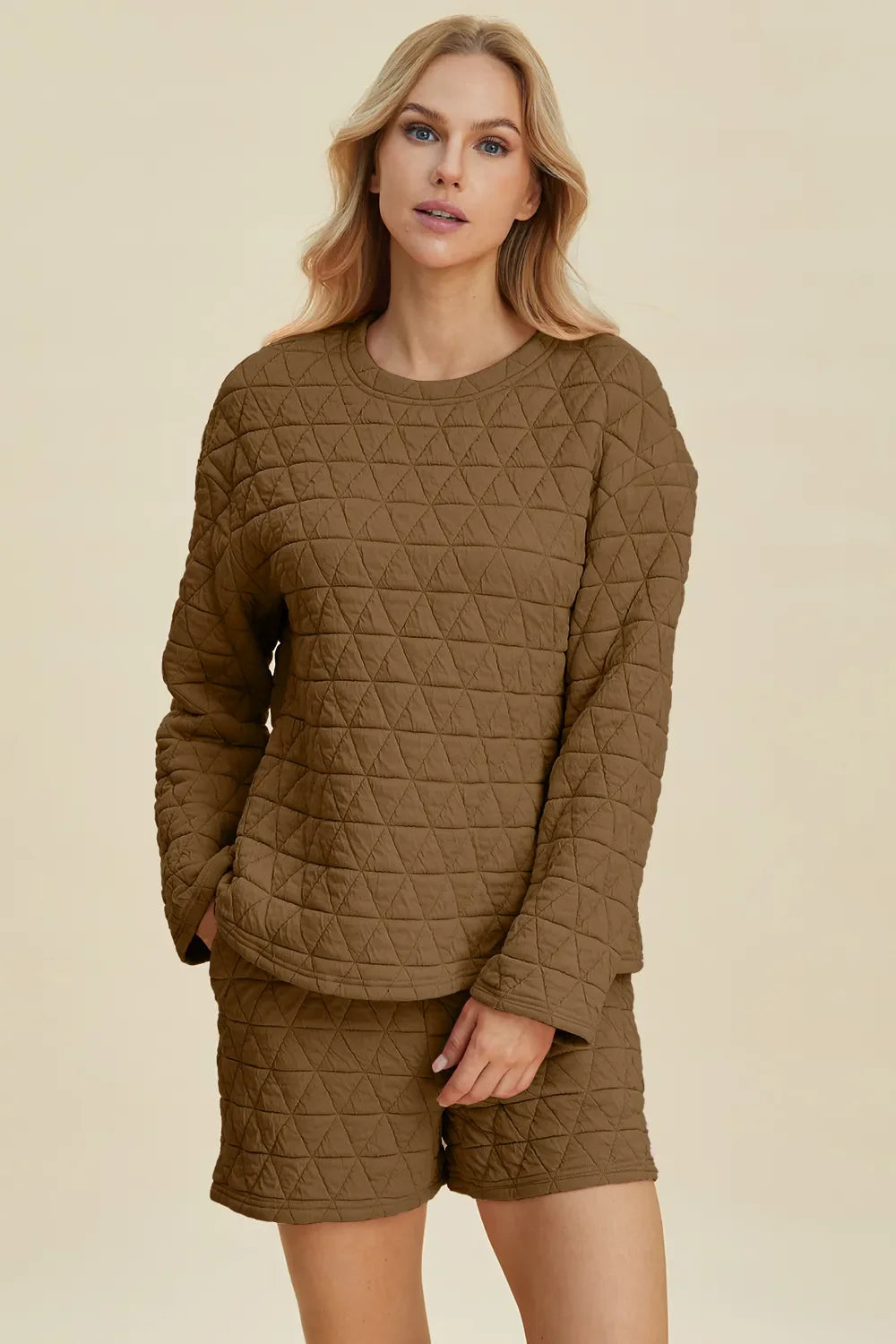 Double Take Full Size Texture Round Neck Long Sleeve Top and Shorts Set West2East Surf