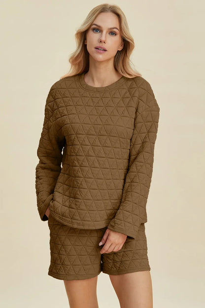 Double Take Full Size Texture Round Neck Long Sleeve Top and Shorts Set West2East Surf