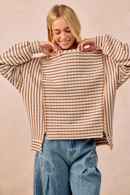 BiBi Open Seam Detail Textured Stripe Knit Top West2East Surf