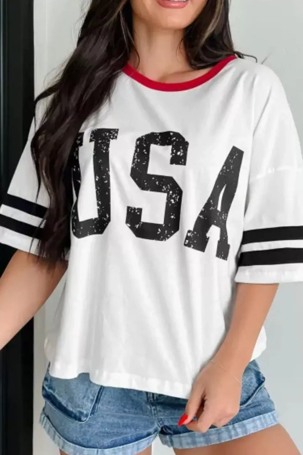 USA Letter Printed Varsity Striped Sleeve Round Neck Tee New Era Fashion LLc