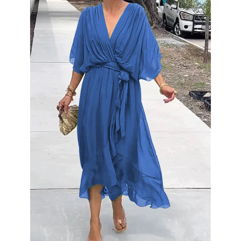 Batwing Sleeve V-Neck Midi Dress – Tied Irregular Hem Fairy Dress FitiqueFit