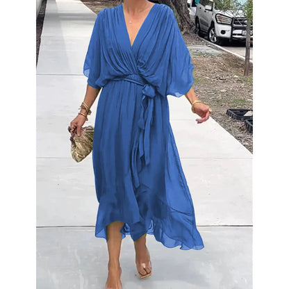 Batwing Sleeve V-Neck Midi Dress – Tied Irregular Hem Fairy Dress FitiqueFit