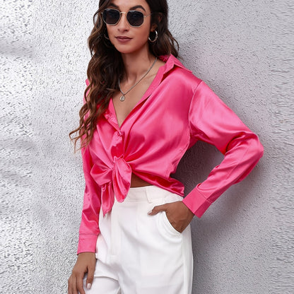 Hot Style In-Kind Shooting Satin Shirt Women'S Satin Imitation Long-Sleeved Shirt New European And American Cross-Border Women'S Clothing NovaCart