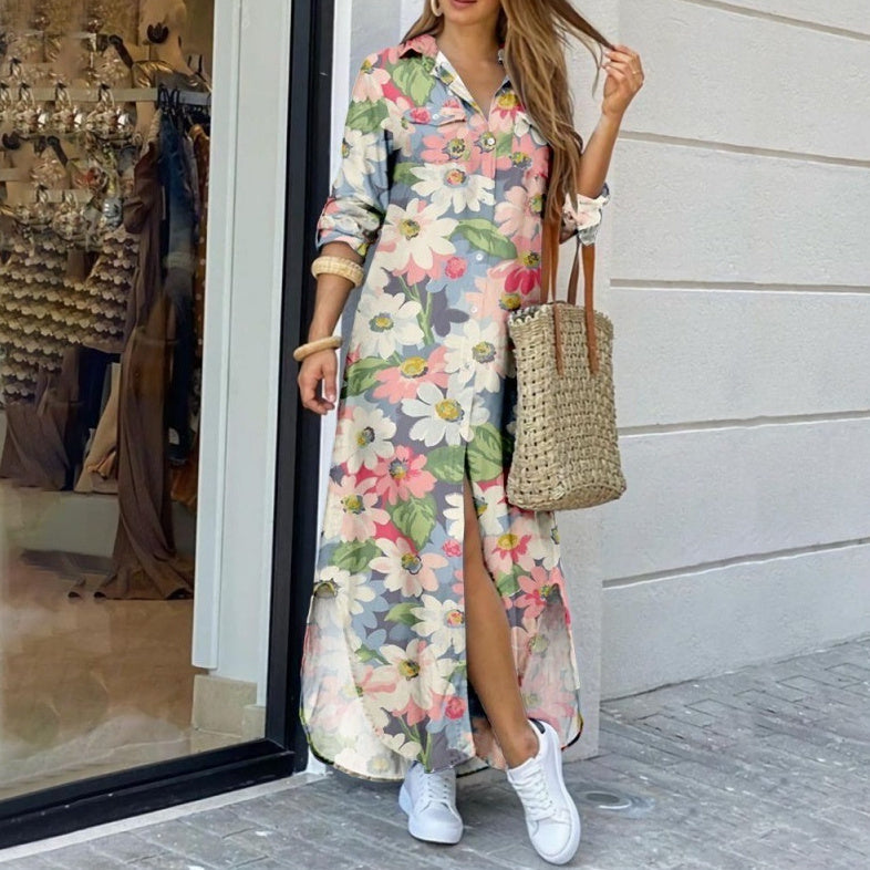 Women's Lapel-Collar Long Shirt Dress – Floral Print Midi Relaxed Fit FitiqueFit