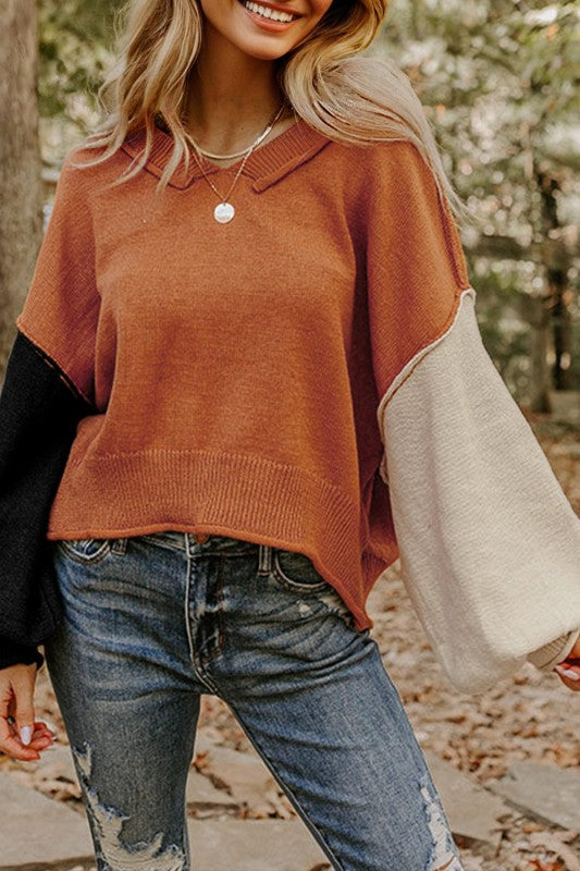 Colorblock Raw Edge Bubble Sleeve V-Neck Sweater Shop Style & More | Fresh Looks, Everyday Deals & Free Shipping