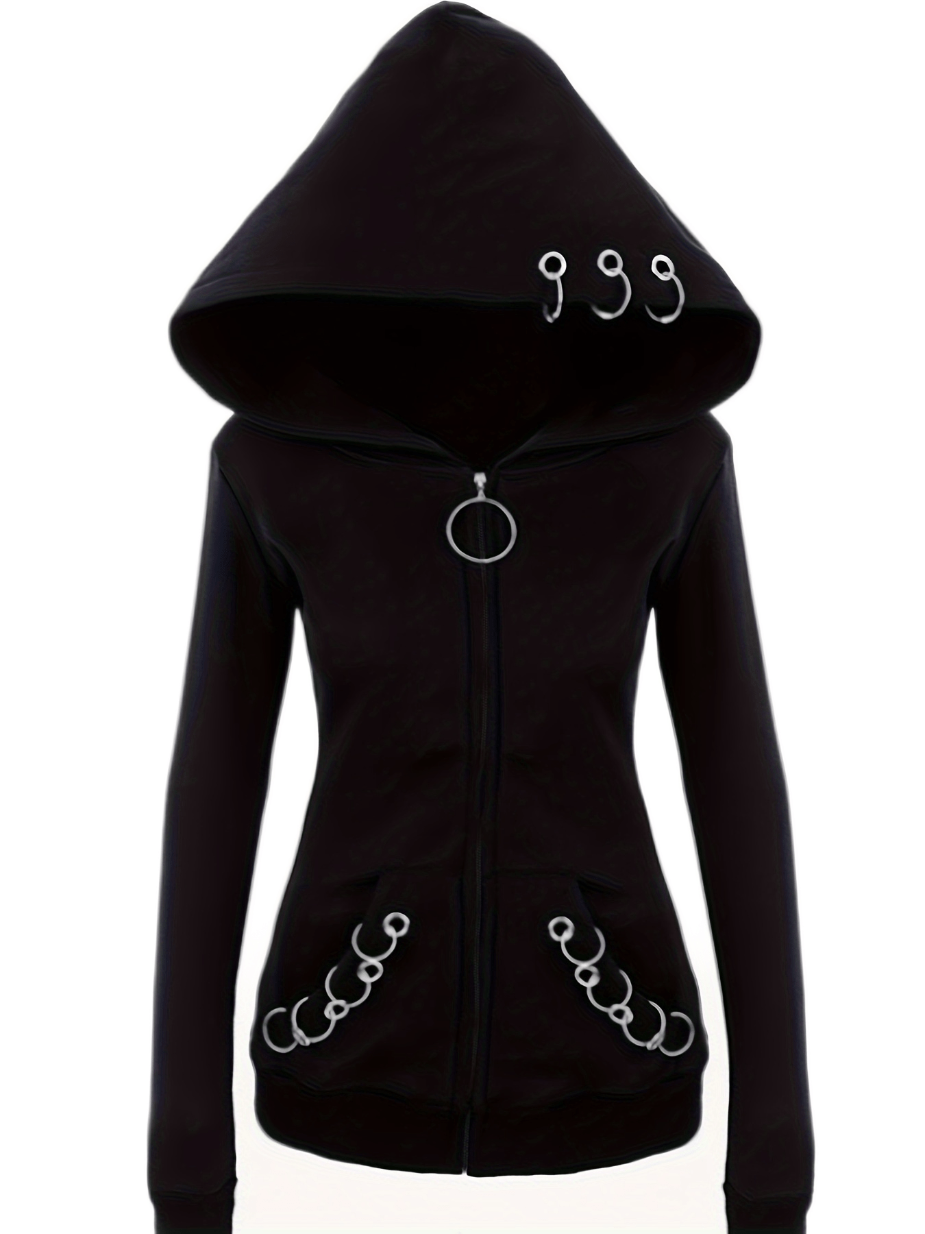 Solid Color Hooded Sweater with Ring Accent - Casual Round Neck Pullover, Medium Elasticity All-Season Sweaters for Layering, Machine Washable Sweaters for or Weekend Outfits (Compatible with Dresses) NovaCart