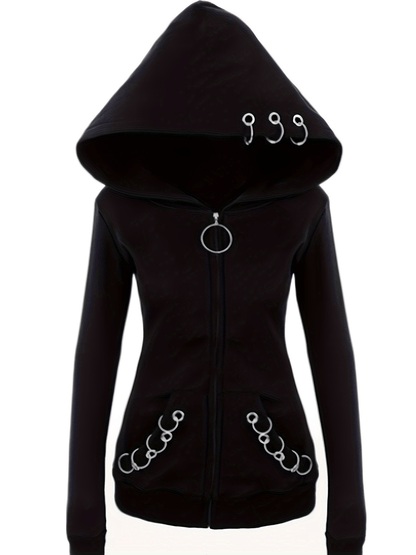 Solid Color Hooded Sweater with Ring Accent - Casual Round Neck Pullover, Medium Elasticity All-Season Sweaters for Layering, Machine Washable Sweaters for or Weekend Outfits (Compatible with Dresses) NovaCart