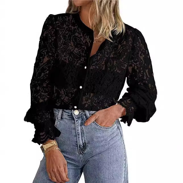 European And American Ladies Fashion Casual Lace Shirt Long Sleeve Button Shirt See size chart under “more details” The Fashion Celestial