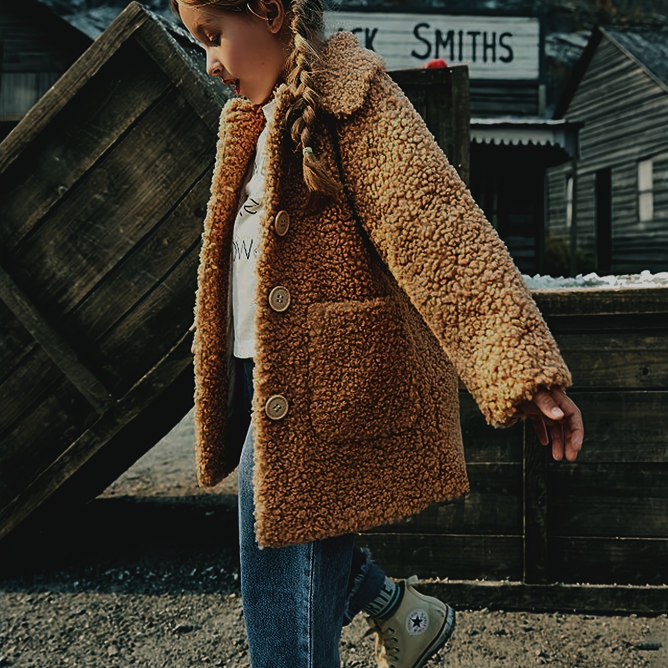 Girls' Lamb Fur Jacket | JOMAKE Korean-Style Lapel Collar, Two-Tone, Warm Windbreaker with Pockets, Lining, Button Closure, Long Sleeves for Winter NovaCart