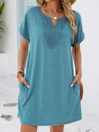 Lace Trim Notched Short Sleeve Dress New Era Fashion LLc