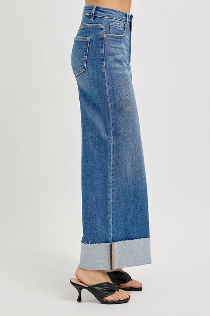 RISEN Full Size Tummy Control High Rise Crop Wide Cuffed Jeans Plus Size West2East Surf