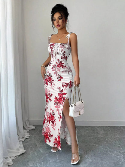 Printed Tie Strap Slit Maxi Dress New Era Fashion LLc