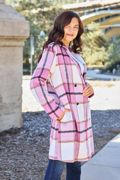 Double Take Full Size Plaid Button Up Lapel Collar Coat West2East Surf