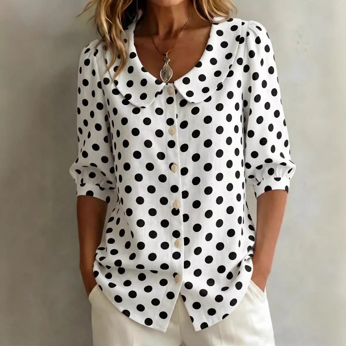 Women's Retro Polka Dot Three-Quarter Sleeve Loose Cardigan Shirt FitiqueFit