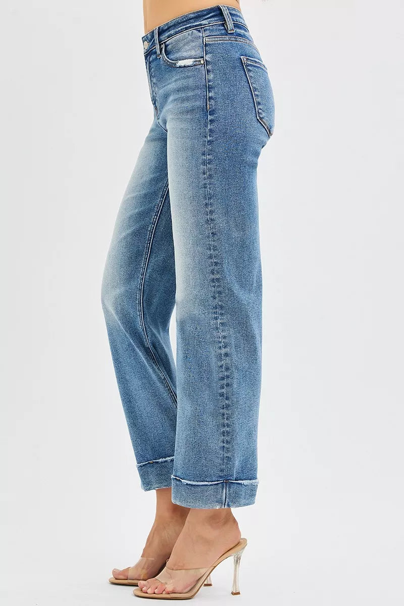 RISEN Full Size Mid Rise Crop Straight Jeans with Taylor Cuffed Plus Size West2East Surf