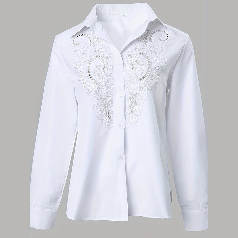 Women’s Contrast Lace Long-Sleeve Button‑Down Blouse FitiqueFit