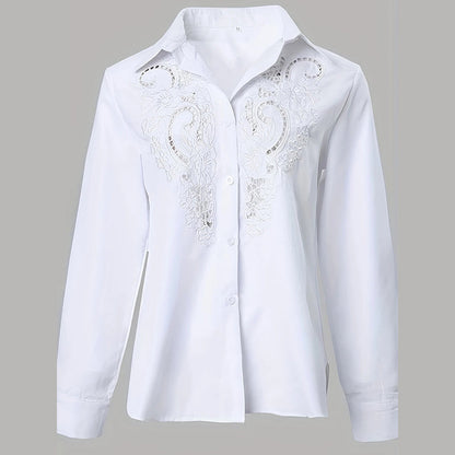 Women’s Contrast Lace Long-Sleeve Button‑Down Blouse FitiqueFit