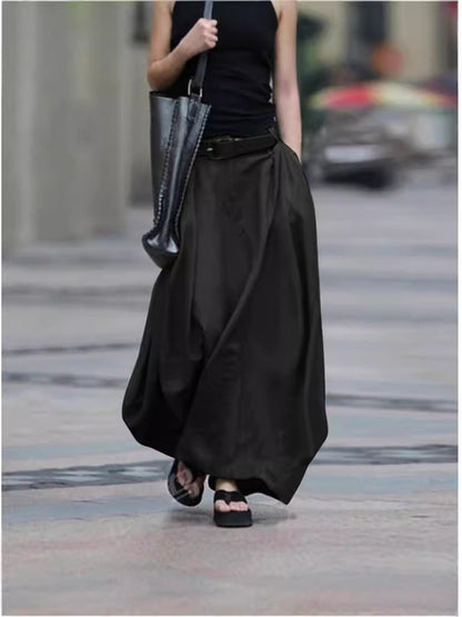 Women's High-Waist Flared Maxi Skirt – Solid Color Cotton Linen with Pockets FitiqueFit