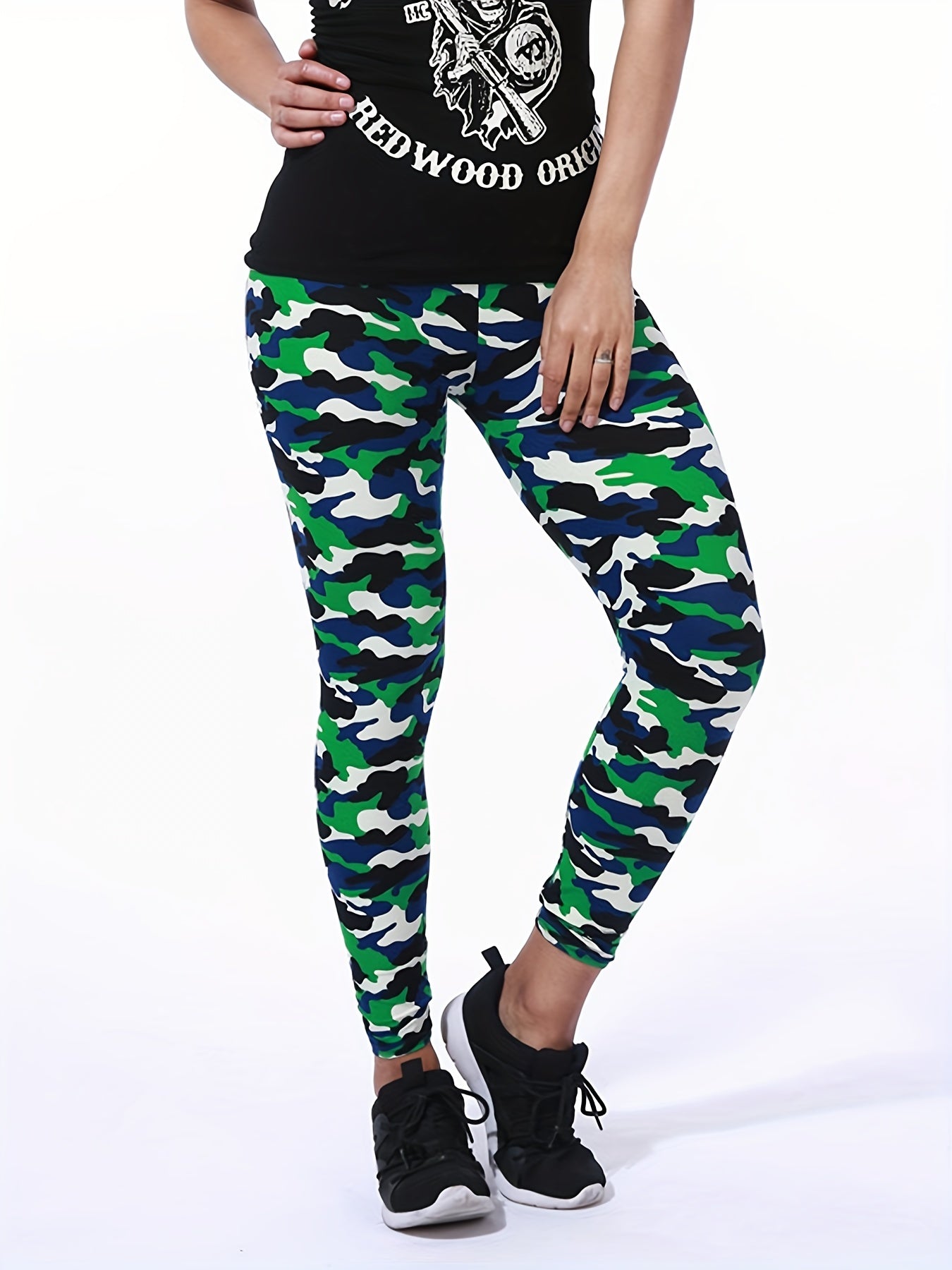 Camouflage Gray-Green Women's Casual Leggings, Cropped Length NovaCart