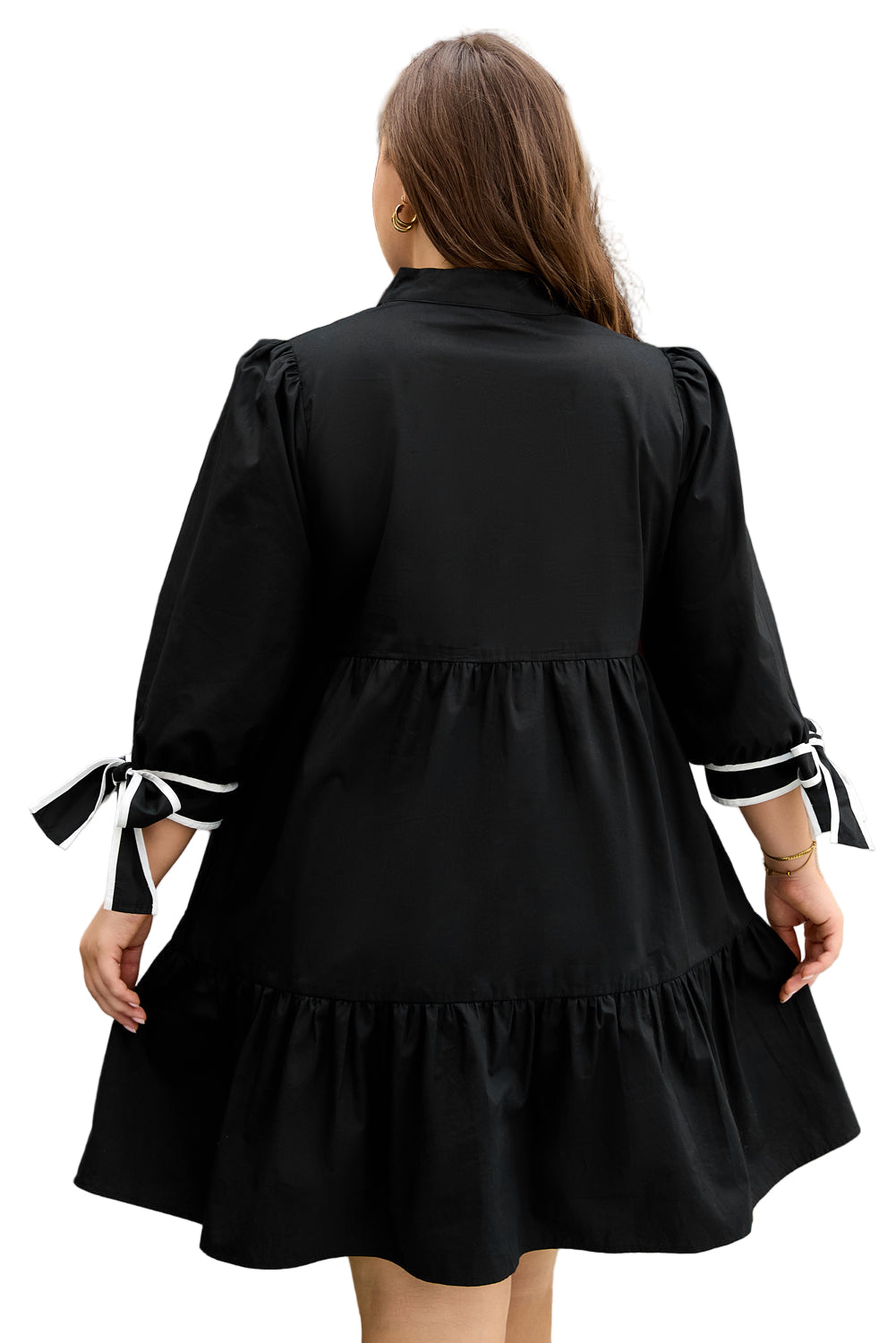 Black Contrast Trim Knot Cuffs Plus Size V Neck Mini Dress Garden Naked Curves